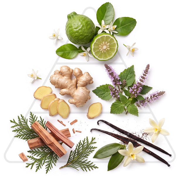 PUREWAVE Duftpyramide Balsam Wood: Kopfnote Bergamotte – Herznote Ingwer, Patchouli – Basisnote Zeder, Sandel, Vanille