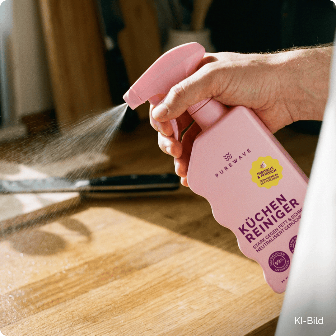 Hand sprüht PUREWAVE Küchenreiniger gegen hartnäckige Verkrustungen auf einer Holz-Arbeitsplatte (KI-generiertes Bild)